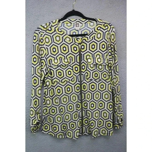 Ann Klein Full Zip Geometric Roll-Tab Sleeves Silky Top-Size Large - Picture 1 of 11
